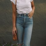 fall #outfits women's white crew-neck t-shirt and distressed blue .