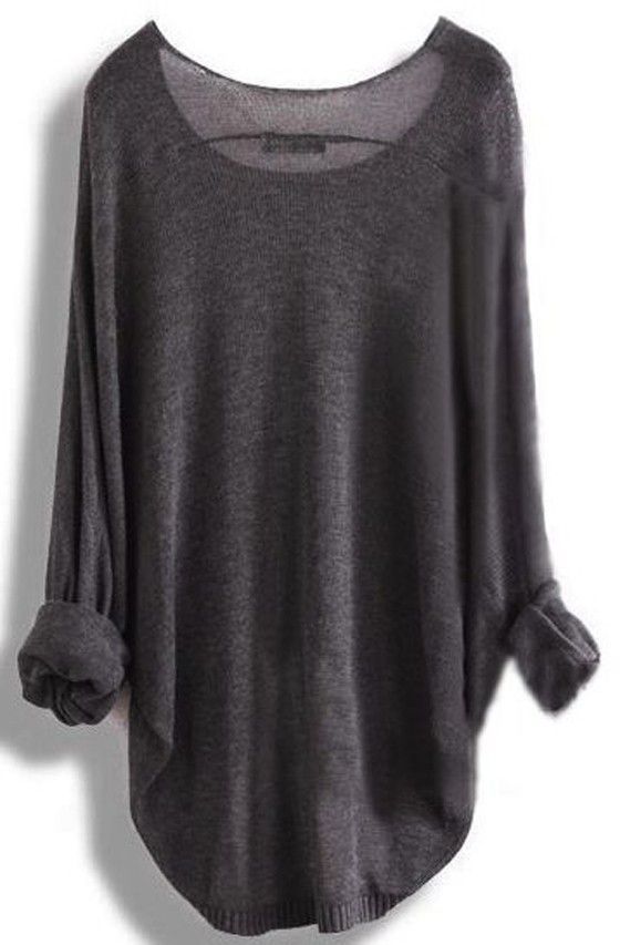 Grey Plain Round Neck Dolman Sleeve Loose Fashion Pullover Sweater .