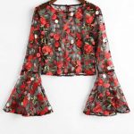 Up to 80% OFF! Flare Sleeve Floral Sheer Mesh Blouse. #Zaful #Tops .