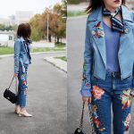 Andreea Birsan - Bird Embroidered Leather Jacket, Bell Sleeve Top .
