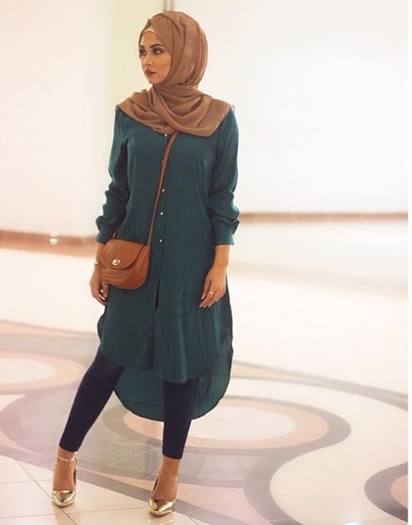 Chiffon hijab styles, with a long tunic dress over leggings with .