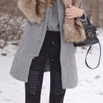 winter #fashion / Grey Beanie / Faux Fur Scarf / Grey Coat / Black .