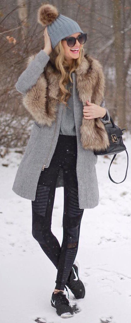 winter #fashion / Grey Beanie / Faux Fur Scarf / Grey Coat / Black .