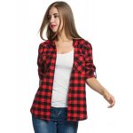 Women's Plaid Flannel Shirt- Roll Up Long Sleeve Checkered Cotton .