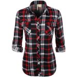 Womens Lightweight Plaid Button Down Shirt with Roll Up Sleeves .