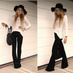 Stretchy black flare pants, floppy hat and semi-sheer long sleeve .