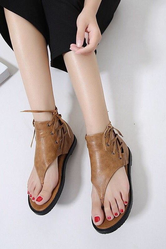 Women Leather Sandals Vintage Rome Style Flip Flop Covered Heel .