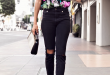Floral top blouse black ripped jeans heels purse. Street spring .