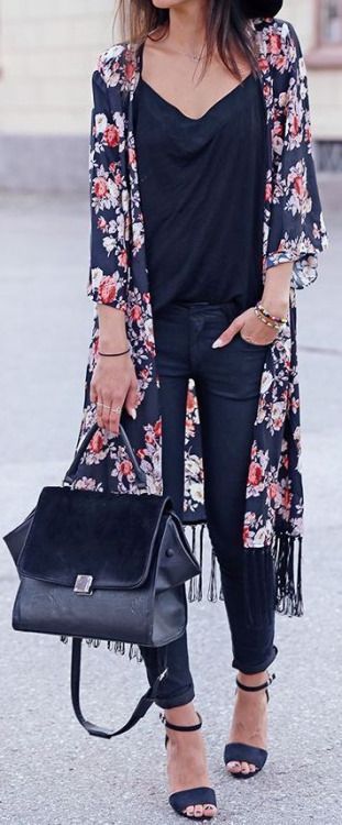 Total black + flower kimono. | Fashion, Casual outfits, Wom