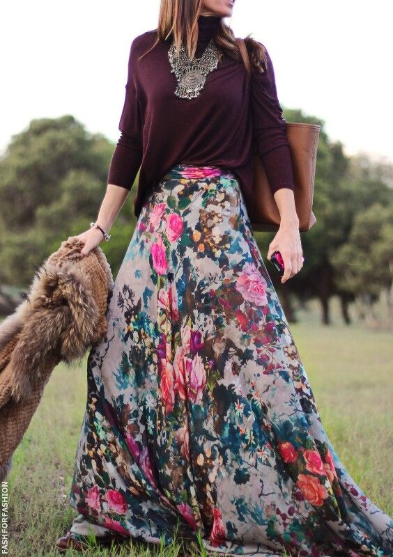 Burgundy pull, floral maxi skirt, boho romantic fall winter outfit .