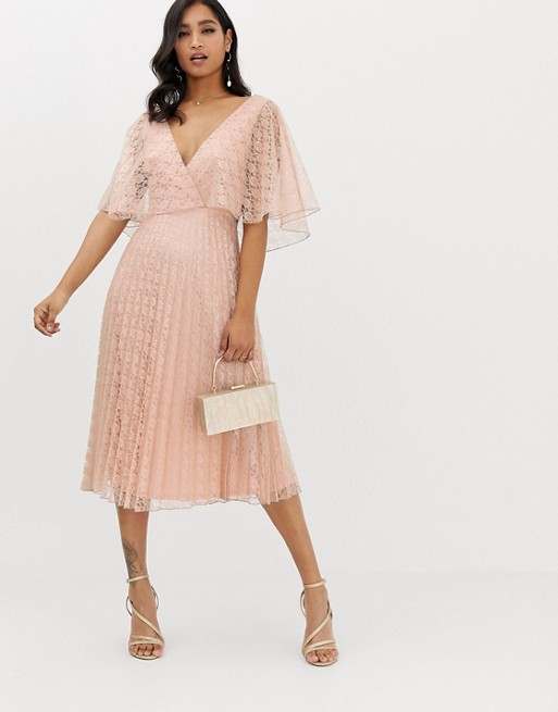 ASOS DESIGN midi dress flutter sleeve and pleat skirt in lace | AS