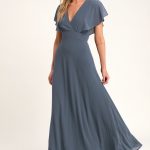 Pretty Slate Blue Maxi Dress - Flutter Sleeve Dress - Go