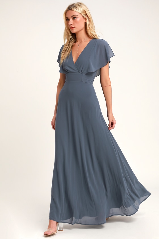 Pretty Slate Blue Maxi Dress - Flutter Sleeve Dress - Go