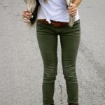 Olive skinny pants with brown fold over combat boots. Not sure .
