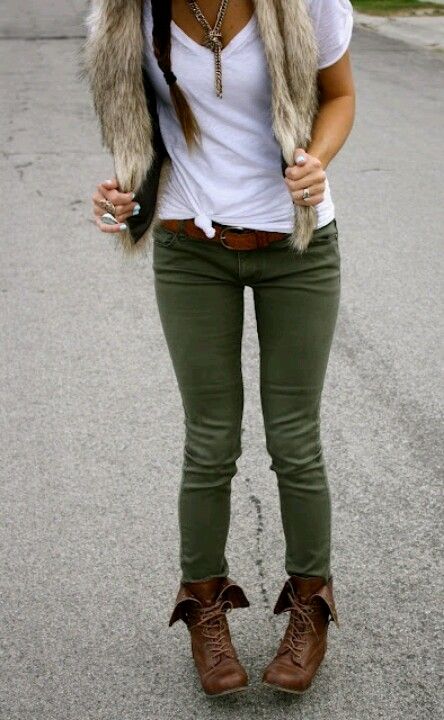 Olive skinny pants with brown fold over combat boots. Not sure .