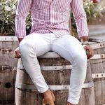 What a great men's summer outfit idea! Pink and white slim fitting .