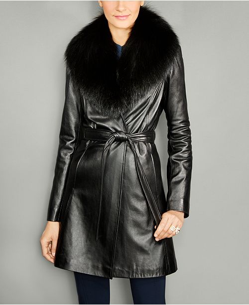 The Fur Vault Fox-Fur-Collar Belted Leather Coat & Reviews - Wom