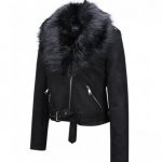 Womens Faux Fur Collar Leather Suede Short Jacket - Black8830 .
