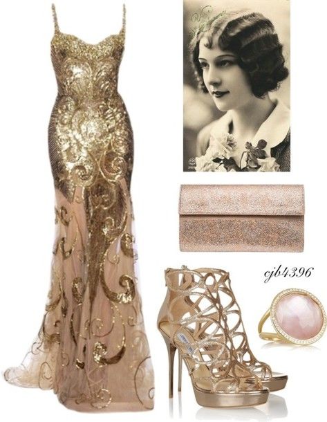 Dress, 20s dresses, gold dress, gold, gown, evening dress, shoes .