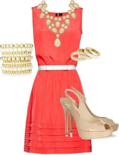 Coral Dress | Gold & Pearl Accessories | Beige Peep Toes (With .