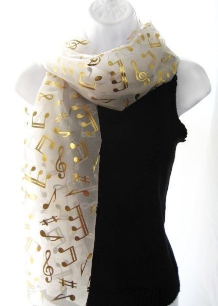 NEW IVORY GOLD MUSIC NOTE SCARF SHAWL PERFORMANCE CHOIR HOLIDAY .