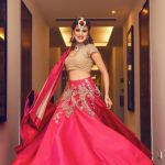 Red silk lehenga for mehendi with gold blouse | Bridal outfits .
