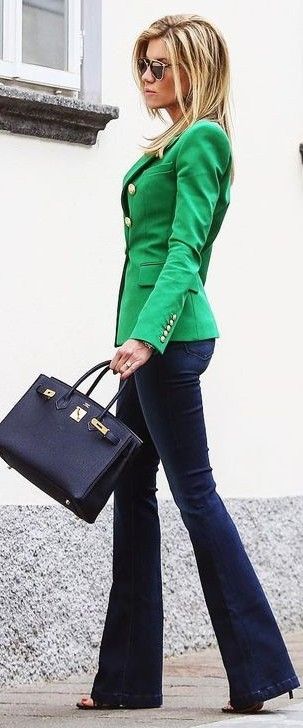 Green Blazer + Navy Flares… | Casual outfits, Business casual .