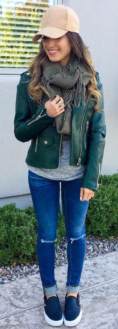 40 Basic Outfit Ideas To Inspire You | Green leather jackets .