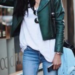 Green leather jacket over t shirt and jeans - street style (com .