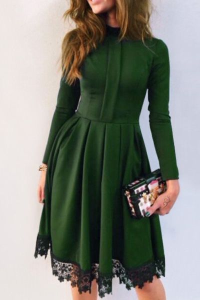 Lacework Stand Collar Flare Dress GREEN | Sukienki koktailowe .