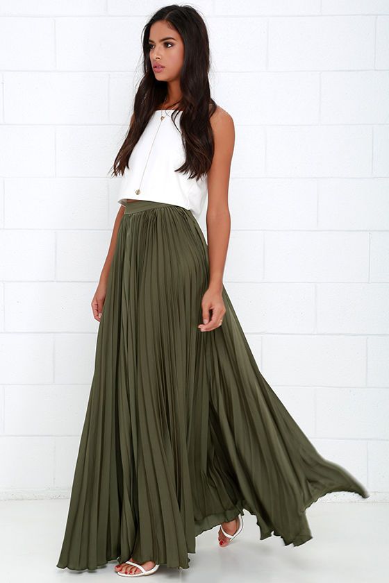 Olive green maxi skirts | HOWTOWEAR Fashi