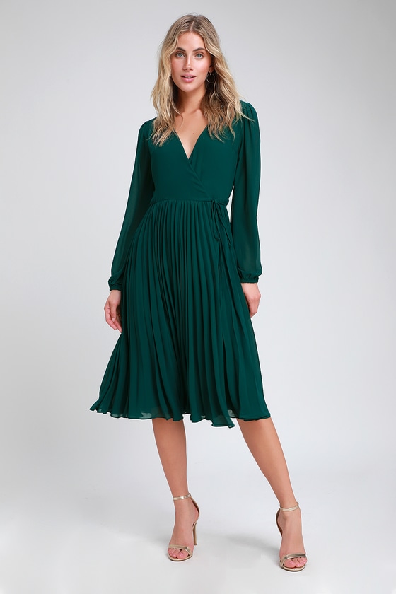 First Impression Dark Green Pleated Midi Wrap Dress | Green dress .