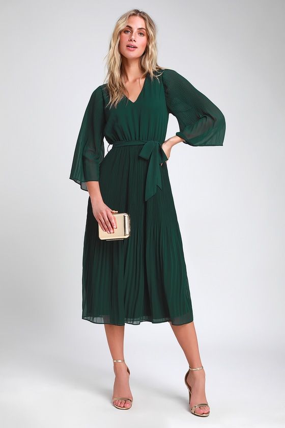 Flirty and Thriving Dark Green Pleated Midi Dress in 2020 | Green .