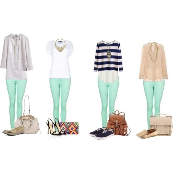 Light green skinny jeans :) | Mint green pants outf