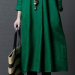 Women loose fit pocket dress maxi green tunic robe large size .