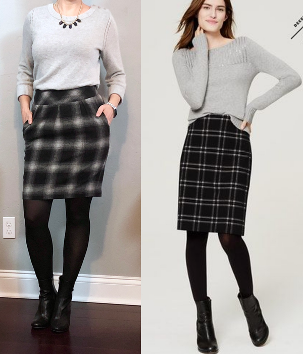 outfit post: grey sweater, plaid skirt, tights, ankle boots .