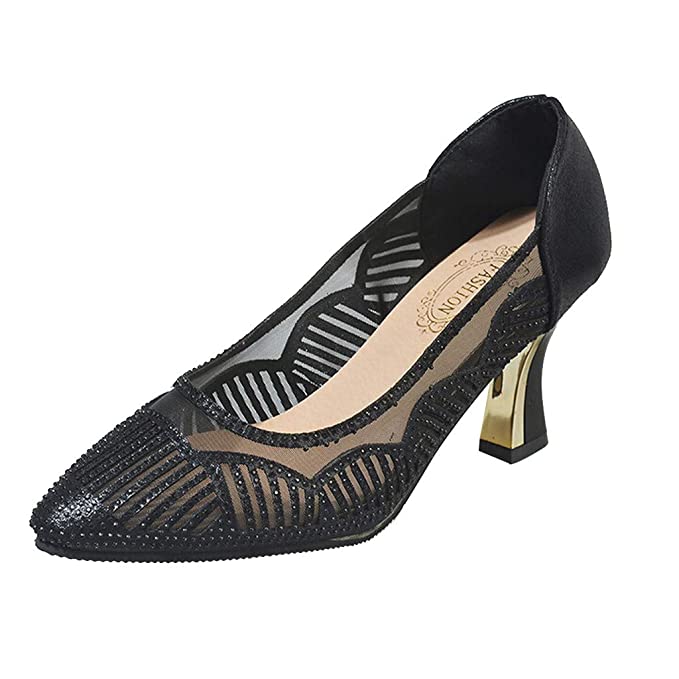 Women Fashion Casual Pointy Toe Shoes Low Heeled Pumps Mesh Slip .