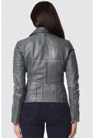 Ladies Grey Napa Stylish Fashion Designer Biker Soft Real Leather .