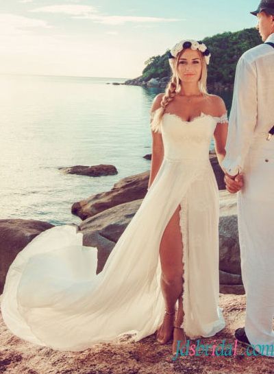 H1513 sexy boho chiffon beach wedding dress with slit skirt Women .