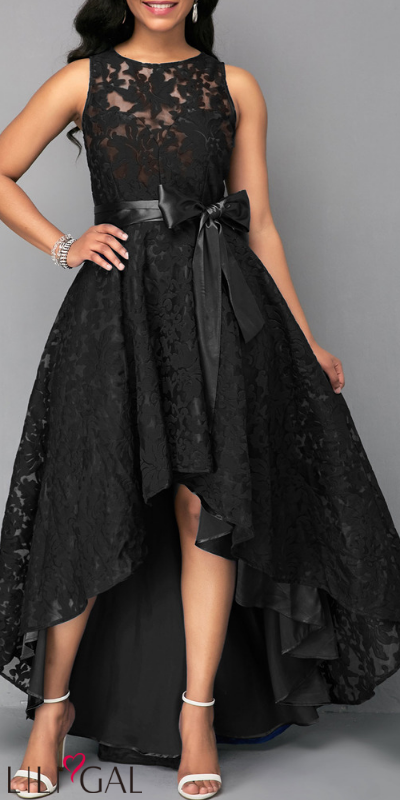 USD46.04 Sleeveless High Low Black Belted Lace Dress #liligal .