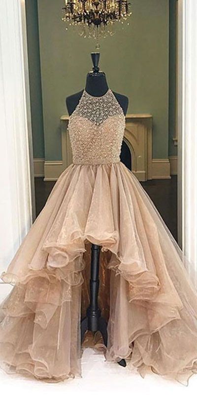 Unique round neck high-low prom dresses for teens, evening dresses .