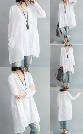 US$17.61 Casual Women Loose White Cotton High Low Blouse | Clothes .