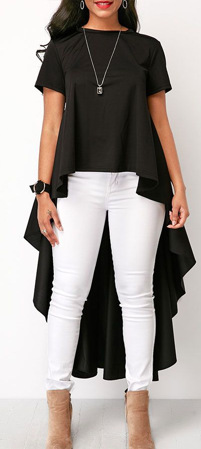 Short Sleeve Round Neck High Low Black Blouse | Clothes, Fashion .