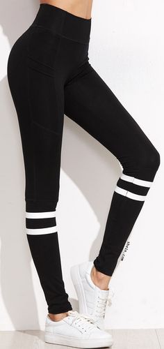 Black Stripe Trim High Waist Leggings | Outfits with leggings .