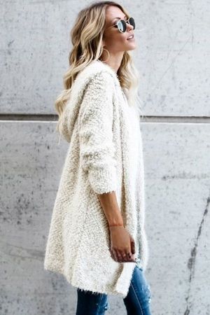 White Fluffy Hooded Open Front Cardigan | Hooded cardigan sweater .