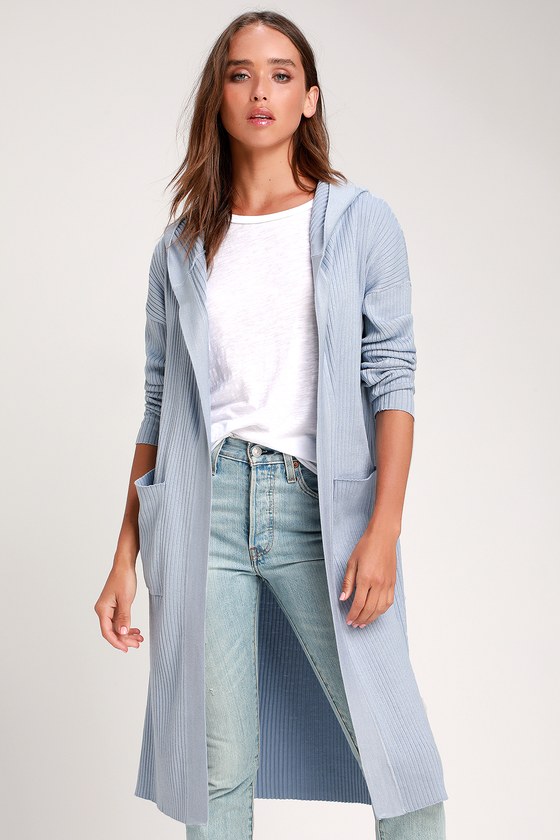 BECKET LIGHT BLUE RIBBED HOODED LONG CARDIGAN SWEATER | Long .