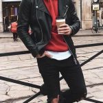 Summer outfit inspiration with a black leather jacket red hooded .
