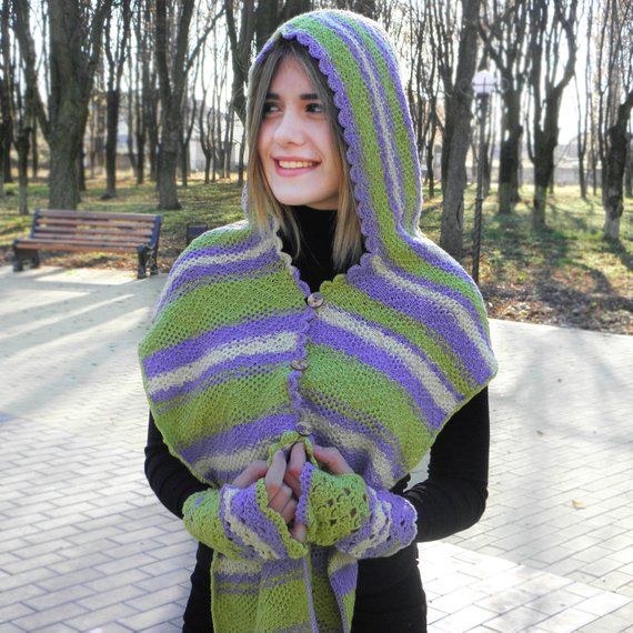 Hooded striped scarf Mittens set Scoodie Warm kit Lilac headscarf .