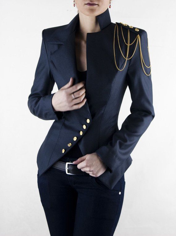 Asymmetrical Blazer, Women's Jacket, Office Suit, Shoulder Chain .