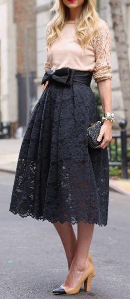 Street style blush shirt and black lace skirt | Fashion, Black .